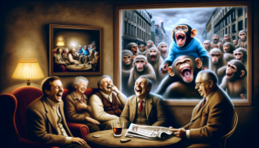 DALL·E 2023-11-23 22.01.59 - In a surreal, metaphorical scene, depict a man laughing hysterically among his friends who are not laughing, in a cozy, dimly lit room. In the backgro