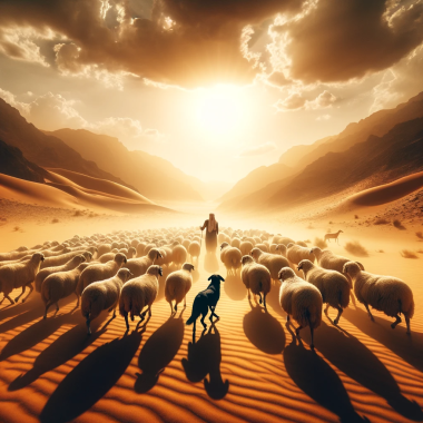 DALL·E 2023-11-23 22.38.17 - Create a vivid scene in the desert under the blazing midday sun. Show a flock of sheep led by a black dog with a shepherd following. The atmosphere is